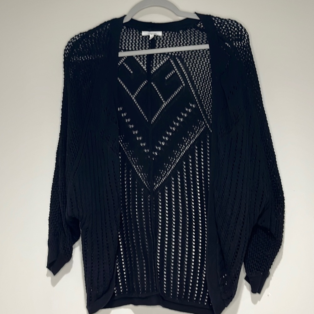 Maurice’s Pointelle Open Knit Cardigan Size XS Black Batwing Sleeves 100% Cotton